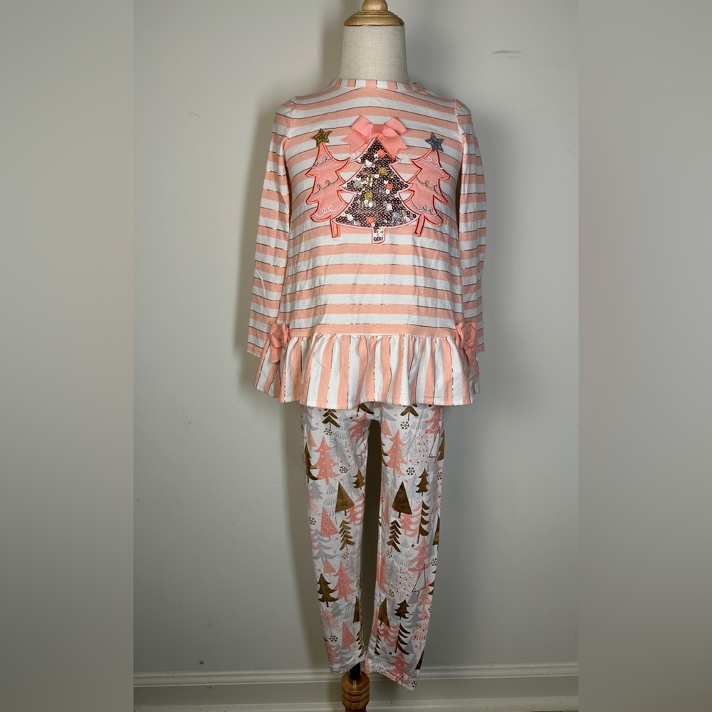 Rare Editions Pink and White Striped Winter outfit Set with Tree Design